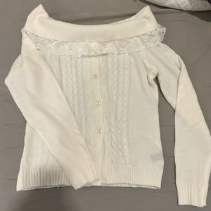 Kawaii Off the shoulder Foldover Button Knit Sweater, Beige, Women, size…